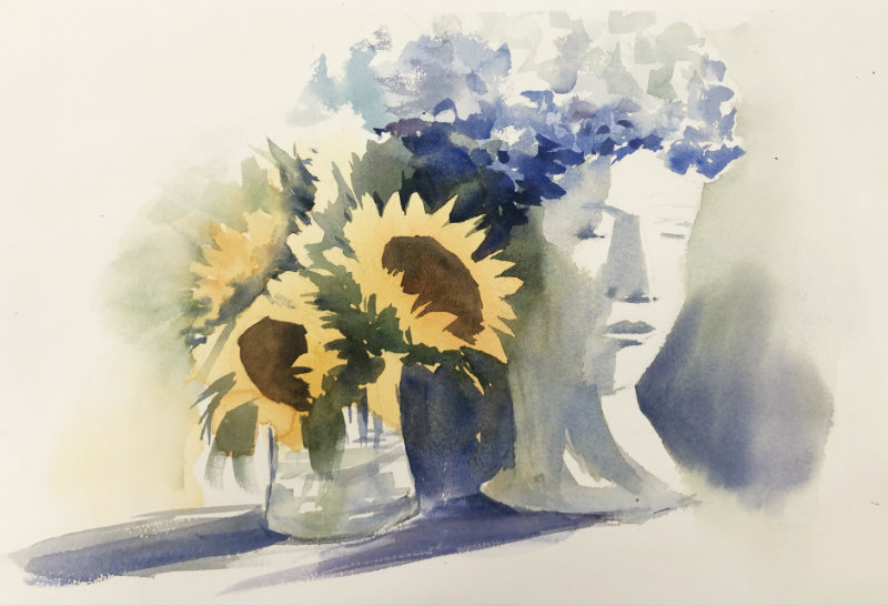 Aquarell Skulptur mit Sonneblumen