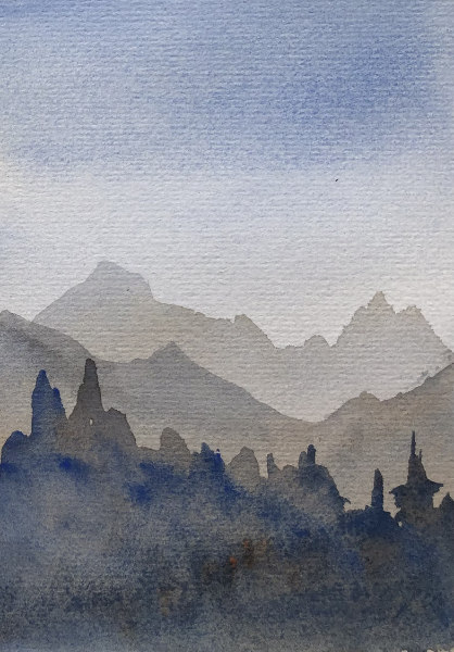 Eine Landschaft in monochromen Schichten aquarelliert